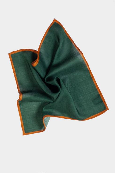 Green muslin wool pocket square with contrast border