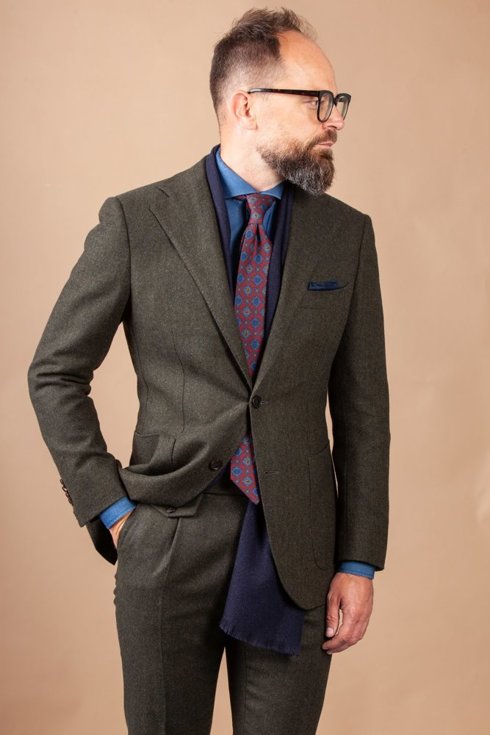 Green herringbone tweed suit 