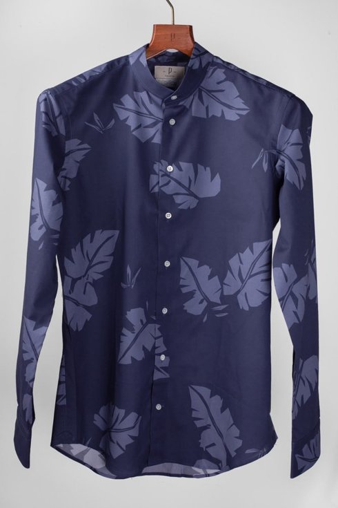 Stand collar navy floral Albini shirt 