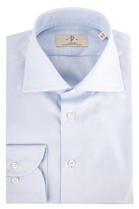 White & sky blue houndstooth shirt with semi-spread collar