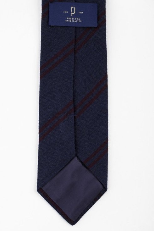 Granatowy krawat z wełny z jedwabiem w bordowe pasy