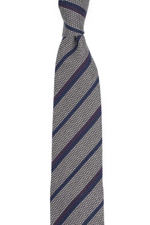 Szarobeżowy krawat z grenadyny wełnianej w pasy